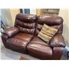 Image 1 : Faux Leather Loveseat Recliner (Brown) with Accent Pillows (some minor damage)