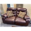 Image 2 : Faux Leather Loveseat Recliner (Brown) with Accent Pillows (some minor damage)