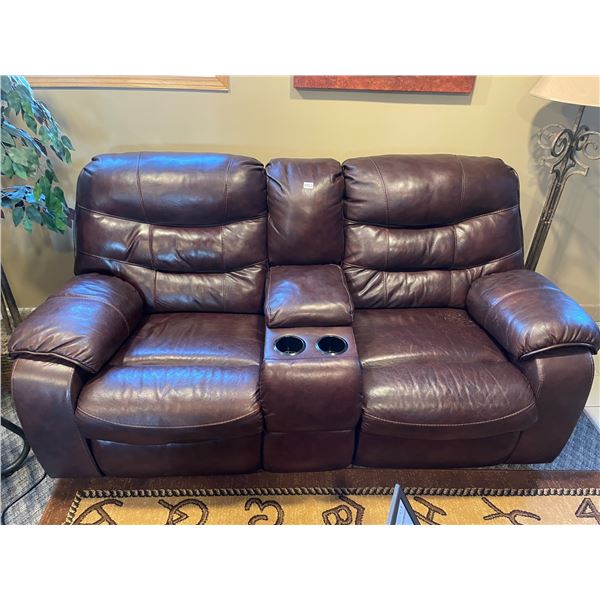 Faux Leather Loveseat Recliner (Brown) with Center Console (some minor damage)