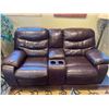 Image 1 : Faux Leather Loveseat Recliner (Brown) with Center Console (some minor damage)