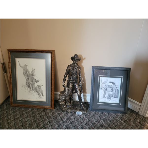 B.J. Brown Pencil Art (Pitchin' The Slack #93/395) & (Boys Will Be Boys) - Ornate Cowboy Statue 18"H