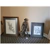 Image 1 : B.J. Brown Pencil Art (Pitchin' The Slack #93/395) & (Boys Will Be Boys) - Ornate Cowboy Statue 18"H