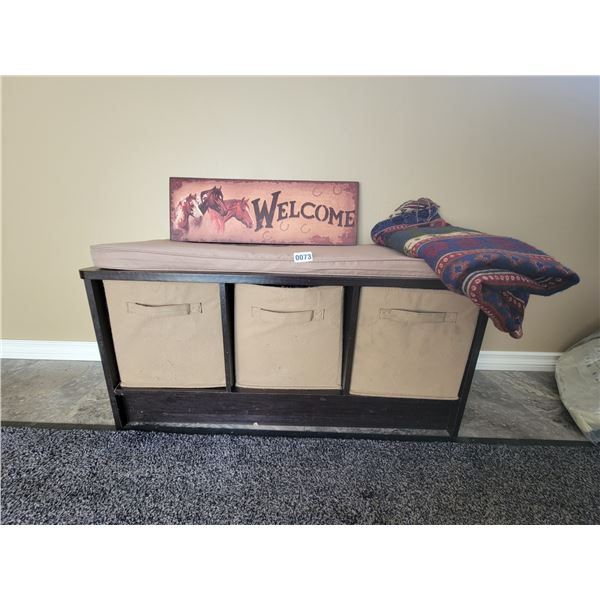 Porch Bench with Storage (35.5" x 14" x 19"), Blanket & Horse Welcome Sign
