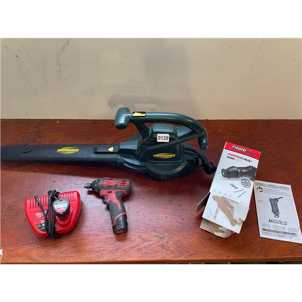 Yardworks Electric Leaf Blower - Roto Spiral Saw 5.5A - Milwaukee 12V Screwdriver 2 batteries