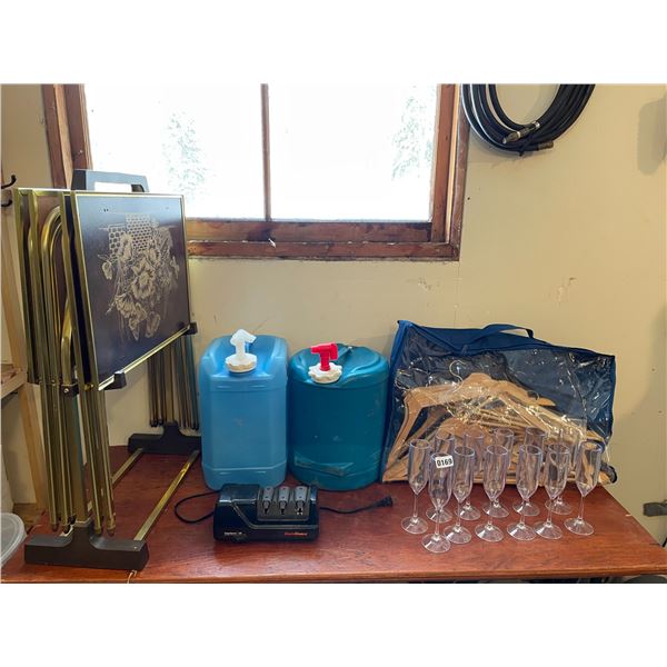 Water Jugs x2 - Plastic Champagne Flutes x12 - Chefs Choice Knife Sharpener 120 - Hangers - TV Trays