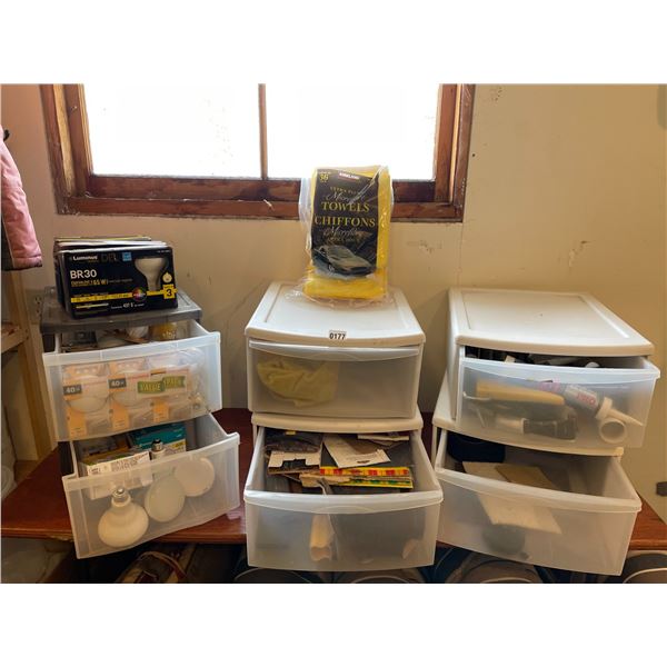 Storage Container Drawers x5 - Various Size & Wattage Light Bulbs - Microfiber Cloths - Sandpaper...