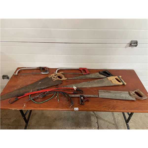 Hack Saws x2 - Wood Saws x3 - Miter Saw - T-Square - Bungee Cords