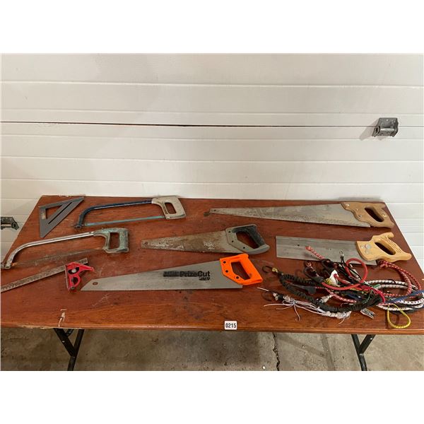 Hack Saws x2 - Wood Saws x3 - Miter Saw - T-Square - Bungee Cords - Triangle