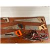 Image 3 : Hack Saws x2 - Wood Saws x3 - Miter Saw - T-Square - Bungee Cords - Triangle