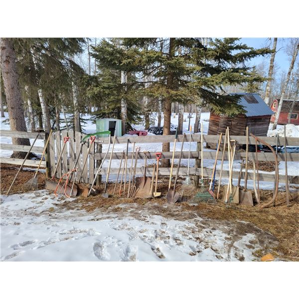 Assorted Tools - Saws, Rakes, Spades, Shovels, Ice Chopper, Cat Bars, Scythe etc...