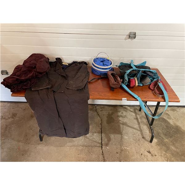 Collapsible Water/Feed Bucket - Driza-Bone Wax Rain Slicker (S) -Grooming Kit - Saddle Bottle Holder