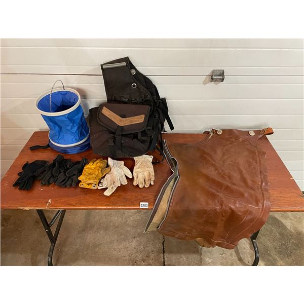 Ladies Leather Chaps - Saddle Bags - Riding Gloves - Collapsible Water/Feed Bucket