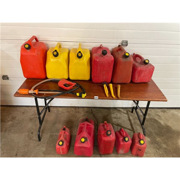 Various Sizes Of Gas Cans x10 & Diesel Cans x2 with Extra Spouts & Pump
