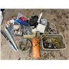 Image 1 : Miscellaneous Garage Supplies - Rags - Weed Whacker Cables - Shrink Film - Tarp - Shelf Brackets...