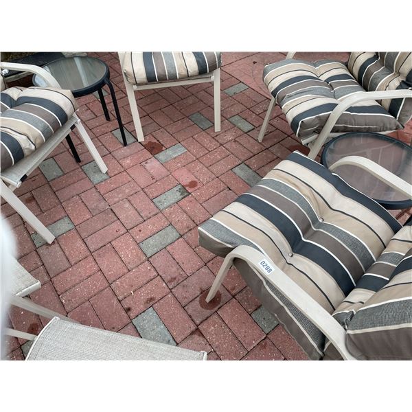 Lawn Chairs x6 4 Have Cushions, 2 Don't with 2 Glass Top Side Tables