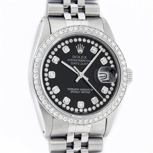 Rolex Mens 36 Stainless Steel Black String Diamond 36MM Oyster Perpetaul Datejus