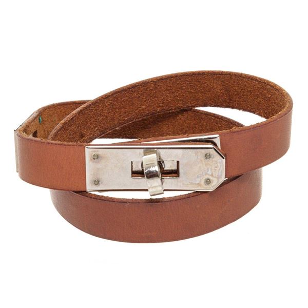 Hermes Brown Leather Palladium Plated Kelly Choker Necklace