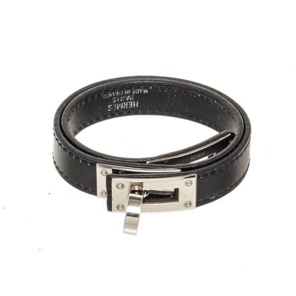 Hermes Black Leather Kelly Double Tour Bracelet