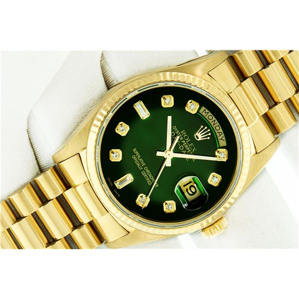 Rolex Mens President 18K Yellow Gold Green Vignette VVS 36MM Box Booklets