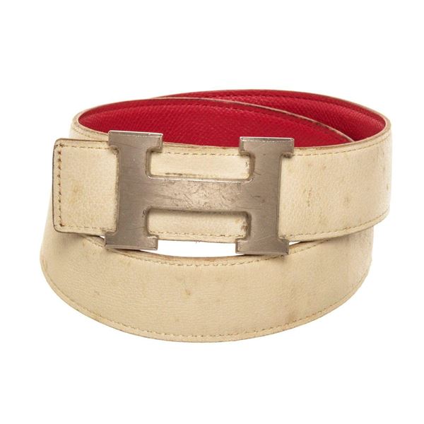 Hermes Red White Leather H Belt