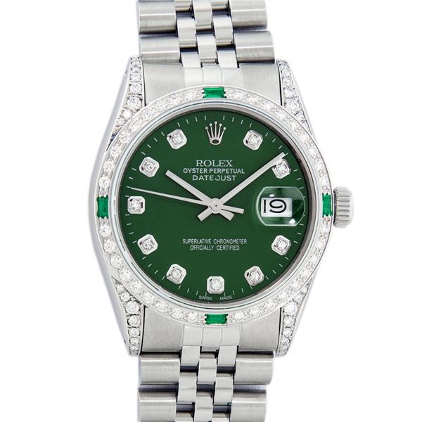 Rolex Mens Stainless Steel Diamond Lugs Green Diamond & Emerald Datejust Wristwa