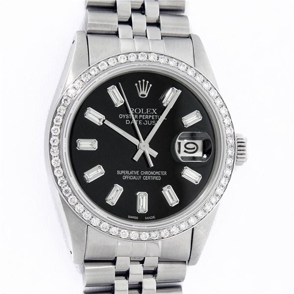 Rolex Mens Stainless Steel Black Baguette Diamond 36MM Datejust Wristwatch