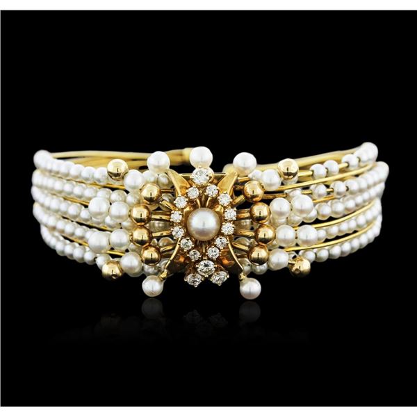 14KT Yellow Gold Pearl and Diamond Bangle Bracelet