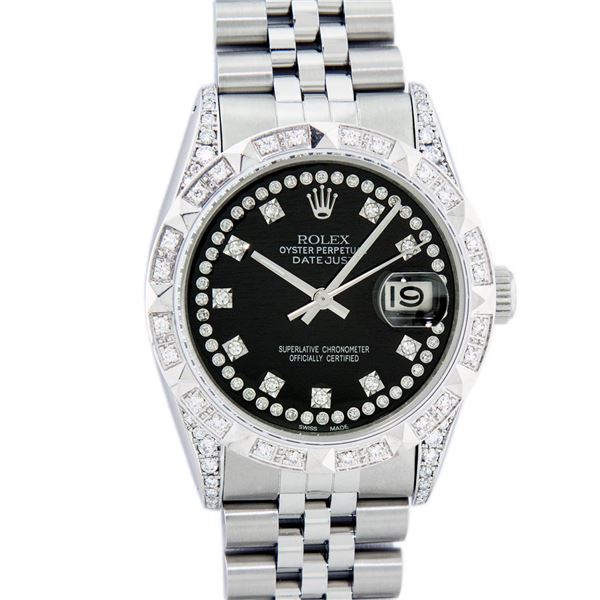 Rolex Mens Stainless Steel Black Diamond Lugs & Pyramid Bezel Datejust Wristwatc