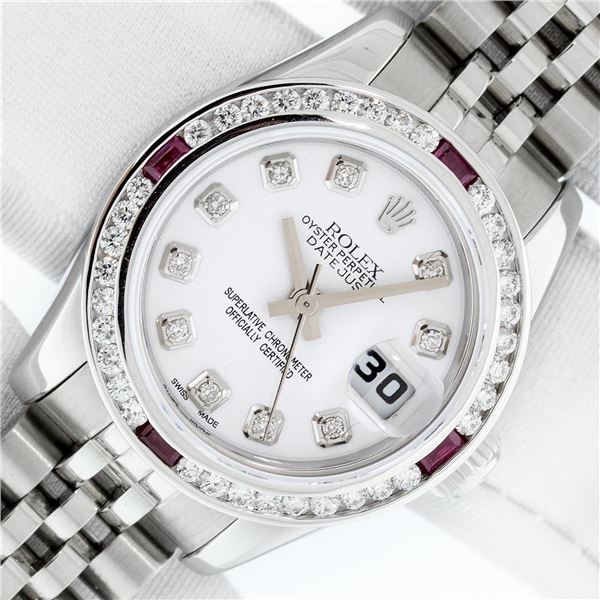 Rolex Ladies Stainless Steel White Diamond & Ruby Datejust Wristwatch With Box