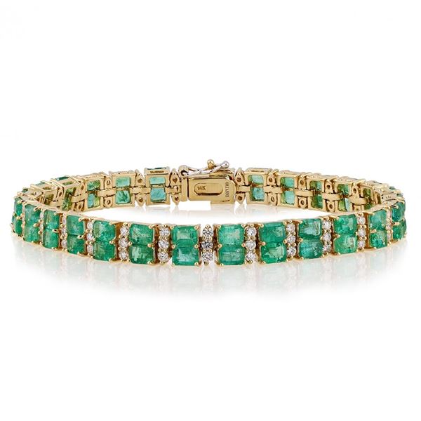 12.25 ctw Emerald and 2.20 ctw Diamond 14K Yellow Gold Bracelet