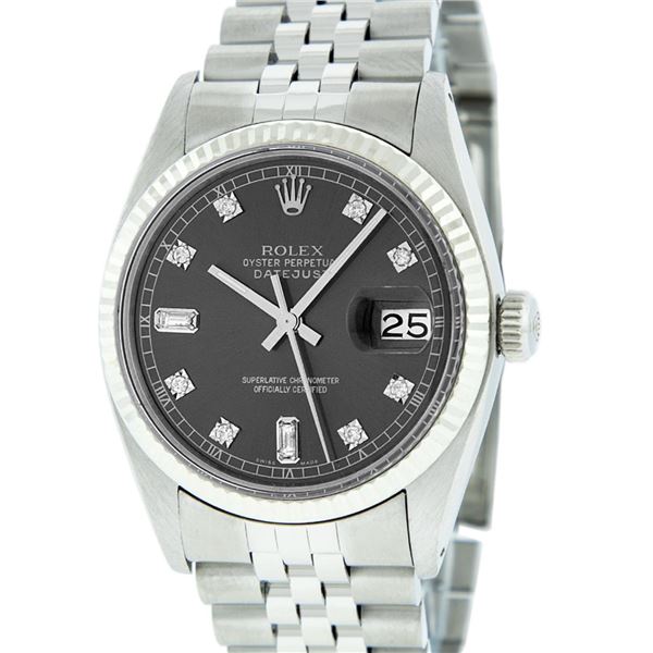 Rolex Mens Stainless Rhodium Diamond 36MM Oyster Perpetual Datejust Wristwatch