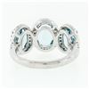 Image 7 : Platinum & 18k Gold 4.18 ctw 3 Stone Oval Aquamarine Ring w/ Round Diamond Halos