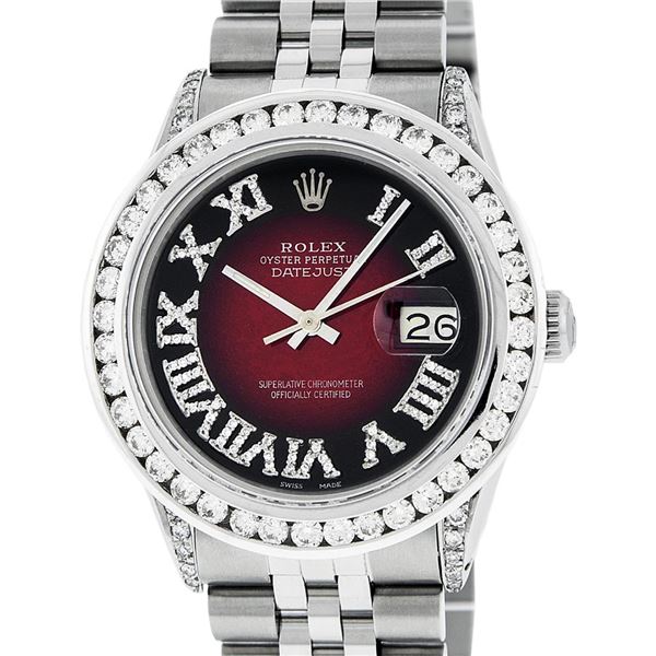 Rolex Mens Stainless Steel 3 ctw Red Vignette Roman Diamond Datejust Wristwatch