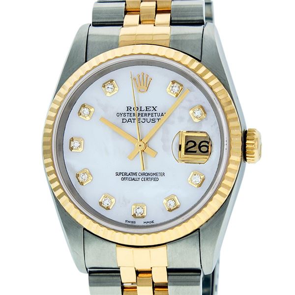 Rolex Mens 2 Tone Mother Of Pearl VS Diamond 36MM Datejust Wristwatch