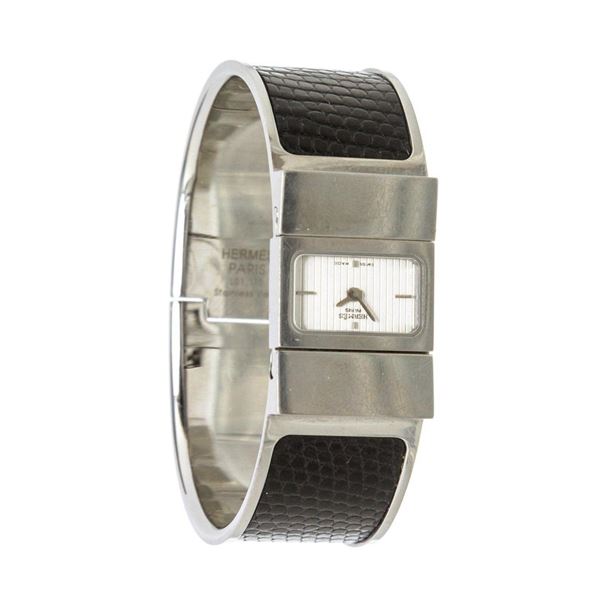 Hermes Stainless Steel Black Lizard Loquet Bracelet Watch