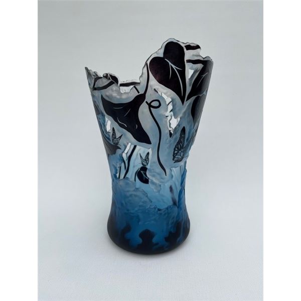 Santana Art Glass sculpted Floral Vase in shades of blue