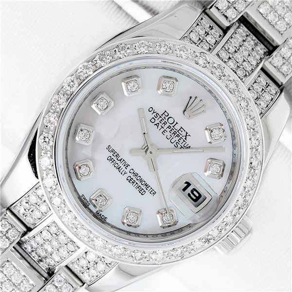 Rolex Ladies Stainless Steel Quickset Mother Of Pearl Full Diamond Datejust Wris