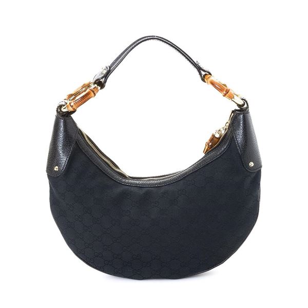 Gucci Black Leather Bamboo Ring Hobo Bag