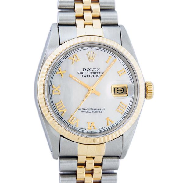 Rolex Mens 2T Mother Of Pearl Roman Datejust Oyster Perpetual Wristwatch 36MM