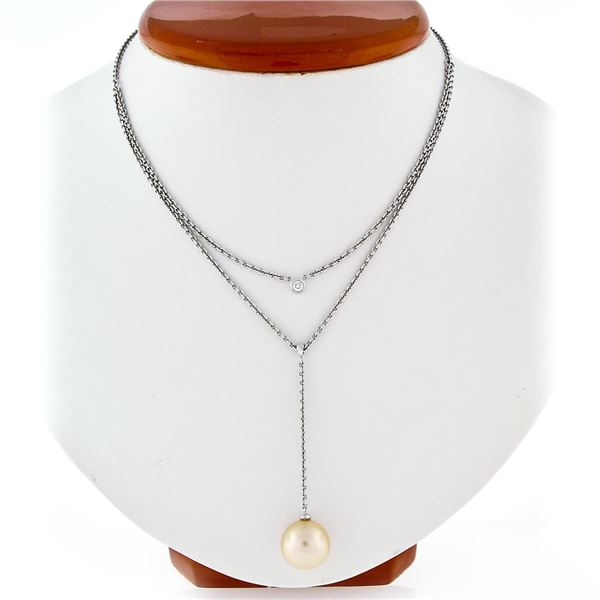 14K White Gold 12mm Round Golden Pearl & 8pt Diamond 16" Layered Dangle Necklace