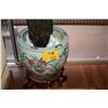 Image 2 : PORCELAIN FISH BOWL W/PEACH MOTIF & WOOD STAND (14 1/2" D)