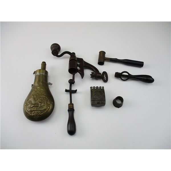 VINTAGE POWDER FLASK AND TOOLS LOT