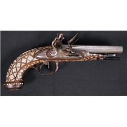 Antique French Double Barrel Flintlock Pistol