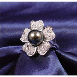 Black Tahitian South Sea Pearl, Diamond, 14K White Gold Ring
