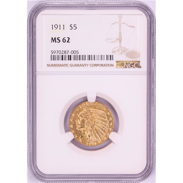 1911 $5 Indian Head Half Eagle Gold Coin NGC MS62