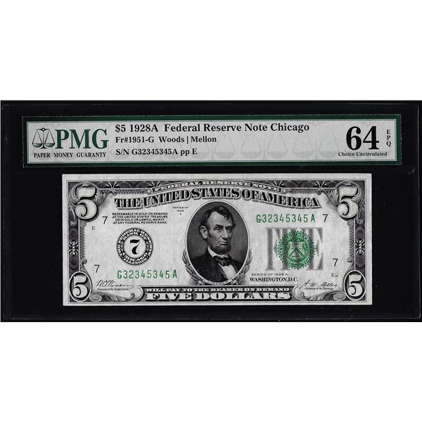 1928A $5 Federal Reserve Note Chicago Fr.1951-G PMG Choice Uncirculated 64EPQ