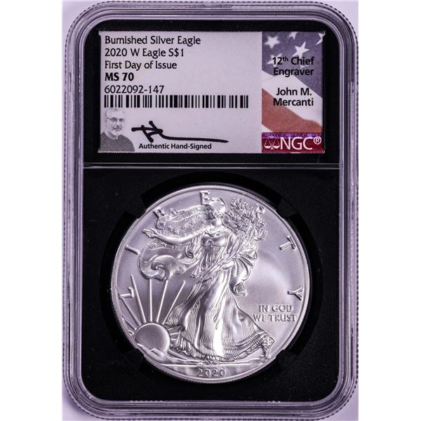 2020-W $1 Burnished American Silver Eagle Coin NGC MS70 Mercanti Signature