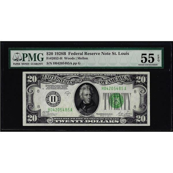 1928B $20 Federal Reserve Note St. Louis Fr.2052-H PMG About Uncirculated 55EPQ