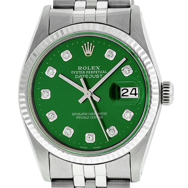 Rolex Mens Stainless Steel Green Diamond Datejust Wristwatch