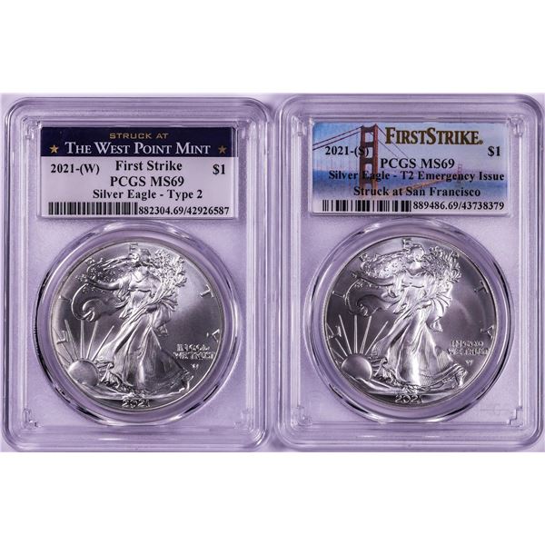 Lot of 2021-(S) & (W) Type 2 $1 American Silver Eagle Coins PCGS MS69 First Strike